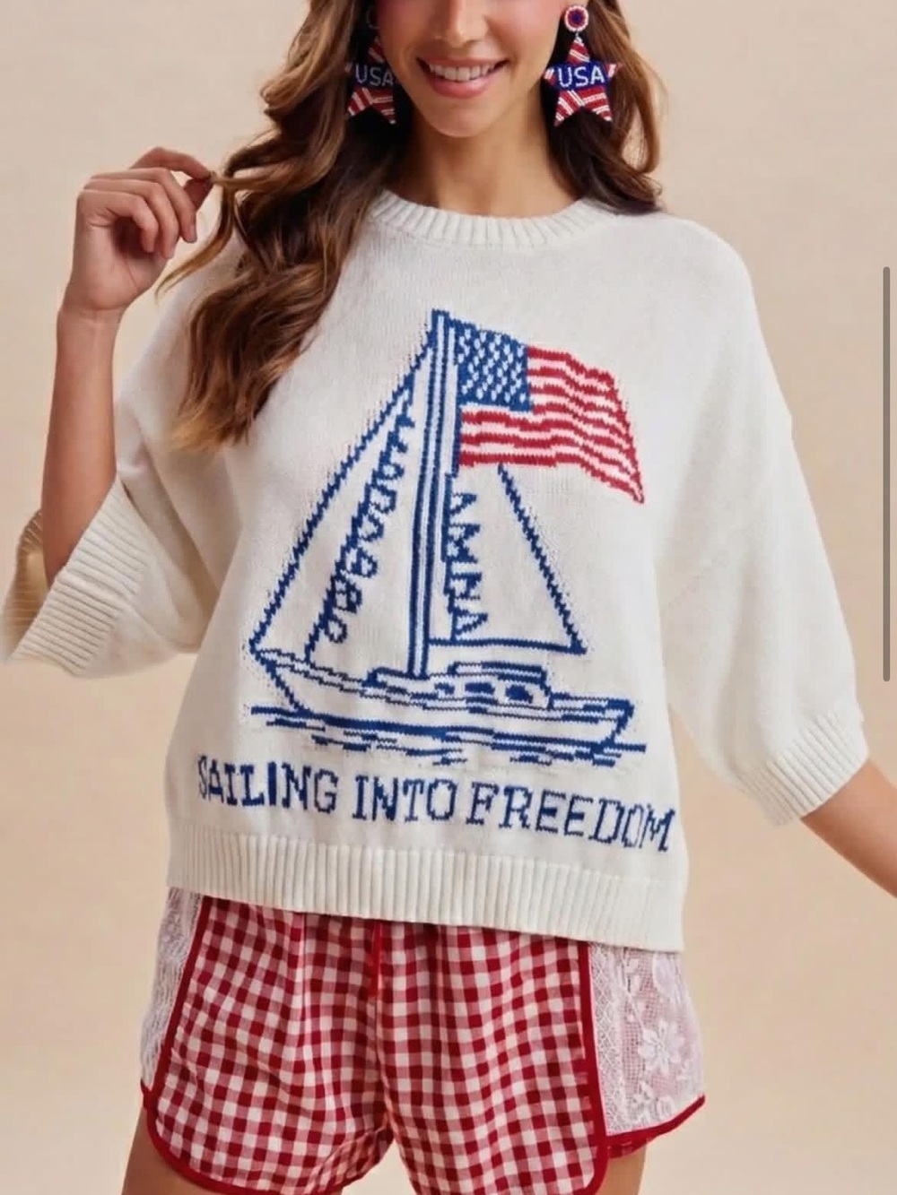 Trendy boutique White Crewneck NEW Sweater with Red & Blue Sailboat Graphic
